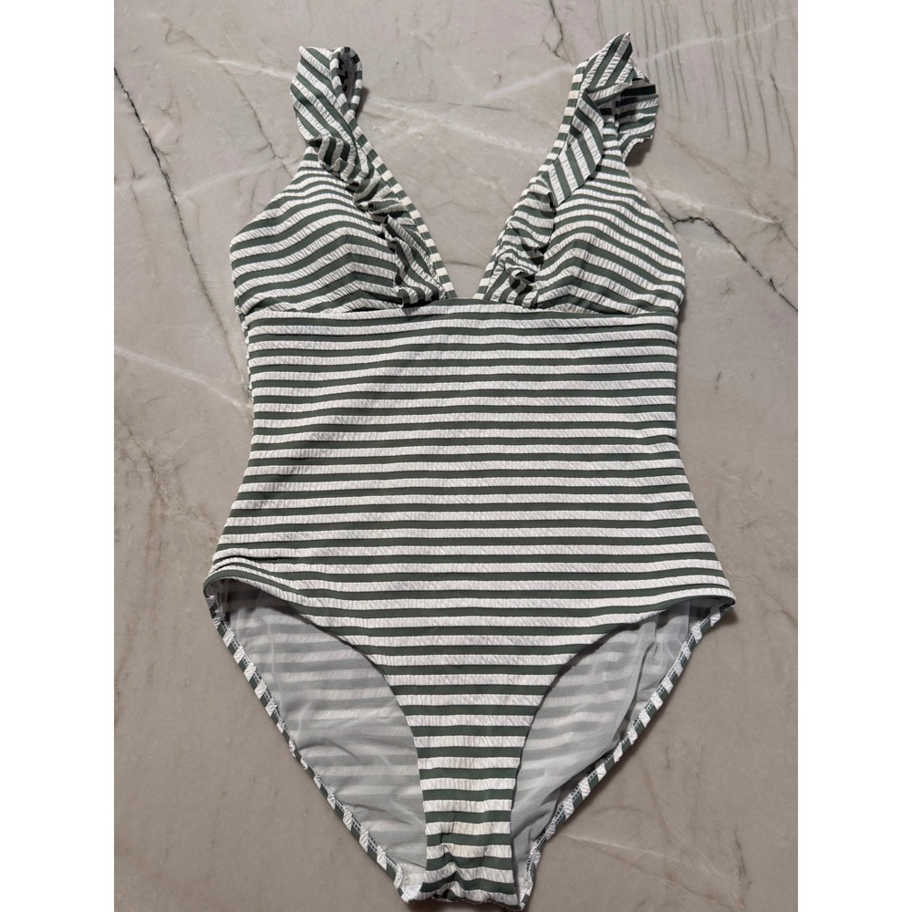 Sea Level Swim Green White Striped Ruffle V-Neck One Piece Swimsuit US 10